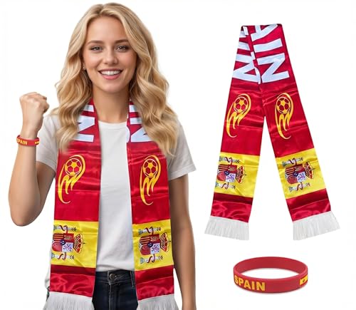 2pcs World Cup Fan Soccer National Team Scarves World Flag Wristband Double Side Logo Flag Print Scarf Sports Bracelets with Country Flag Gifts for Men Women (Spain)