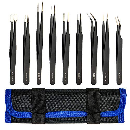 GogoFix Precision Anti-Static ESD Tweezers Kit, 9 Pieces, for Electronics, Craft, Jewelry and Laboratory Work