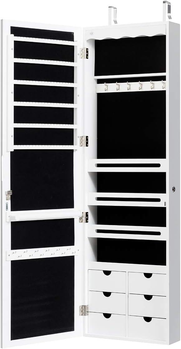 GIANTEX Armario de Joyas con Espejo de Cuerpo Entero, Armario Joyero con Cerradura y 5 LED, Montado en la Pared o en la Puerta, 36,5x11,5x120cm, para Pendientes, Anillos, Collares y Pulseras, Blanco