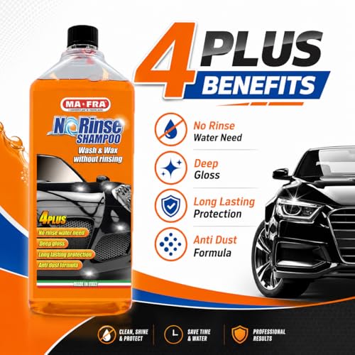 Image of MAFRA No Rinse Car Wash Shampoo & Wax (1000g) |Wash and Wax without Rinse | High Foam Action | Removes Dirt & Stains | pH Safe, Gloss Protection | 1:100 Dilution | Safe for All Painted Surfaces