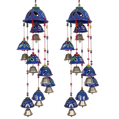 Image of Kuber Industries Rajasthani Design Handcrafted Hanging Windchimes|Latkan with 8 Bells for Home Decor & Positive Energy,Pack of 2 (Blue), Plastic
