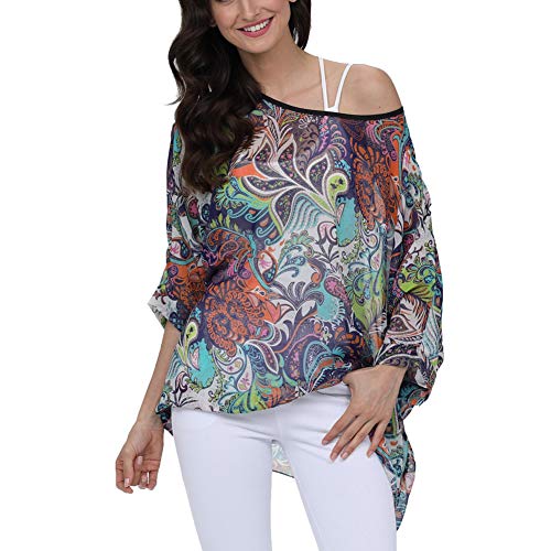 Image of Ckikiou Plus Size Batwing Flowy Semi Sheer Chiffon Blouse Tunic for Women Summer Floral Print Boho Beach Cover ups