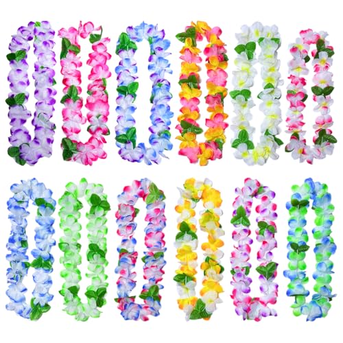 FreshDear 12 Bulk Hawaiian Leis for Adults – Vibrant Artificial Flower Leis for Luau Party, Beach Theme Decorations, Summer Pool Party Favors, Tropical Vacation & Hawaiian Birthday Decor