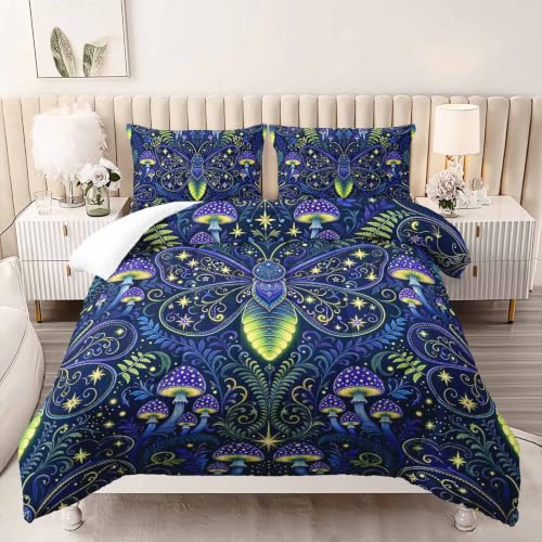 Image of AILONEN Full Comforter Set 3 Piece, Celestial Firefly Mushroom Garden 3D Printed Bedding with 2 Pillowcases, Soft Breathable Microfiber Whimsical Decor for Guest Room