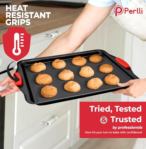 PERLLI Non-Stick 3-Piece Baking Pan Set, BPA-Free Carbon Steel Bakeware Set with Silicone Handles, Stackable Kitchen Oven Set, Cookie Sheet, Baking Tray, Baking Sheet Set, Oven Safe (446°F) - Image 7