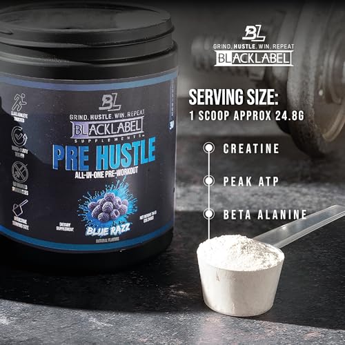 Image of BLACKLABEL Supplements PRE Hustle V3 Pre-Workout Powder - NSF Certified for Sport - Energy, Strength & Endurance Support - Blue Razz - with Creatine & Caffeine - 30 Servings