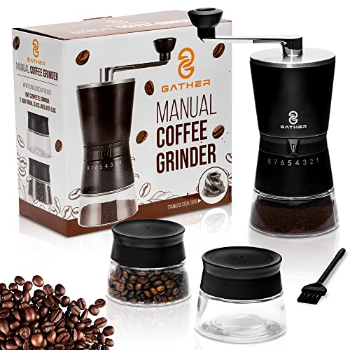 hand crank coffee bean grinder - GATHER Manual Coffee Grinder with 8 Adjustable Coarseness Settings, Hand Crank Coffee Mill with Stainless Steel Burr, French Press, Pour Over, Drip Coffee