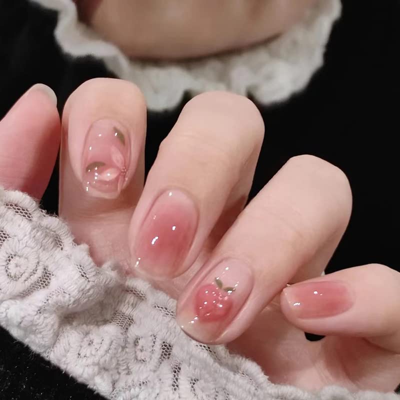Pink Gradient Cute Peach Design Nails | Artificial Nail Extension | Long Lasting Glossy Finish | 24 Pcs Set Trendy Nail Art Set For Salon Look At Home-image-9