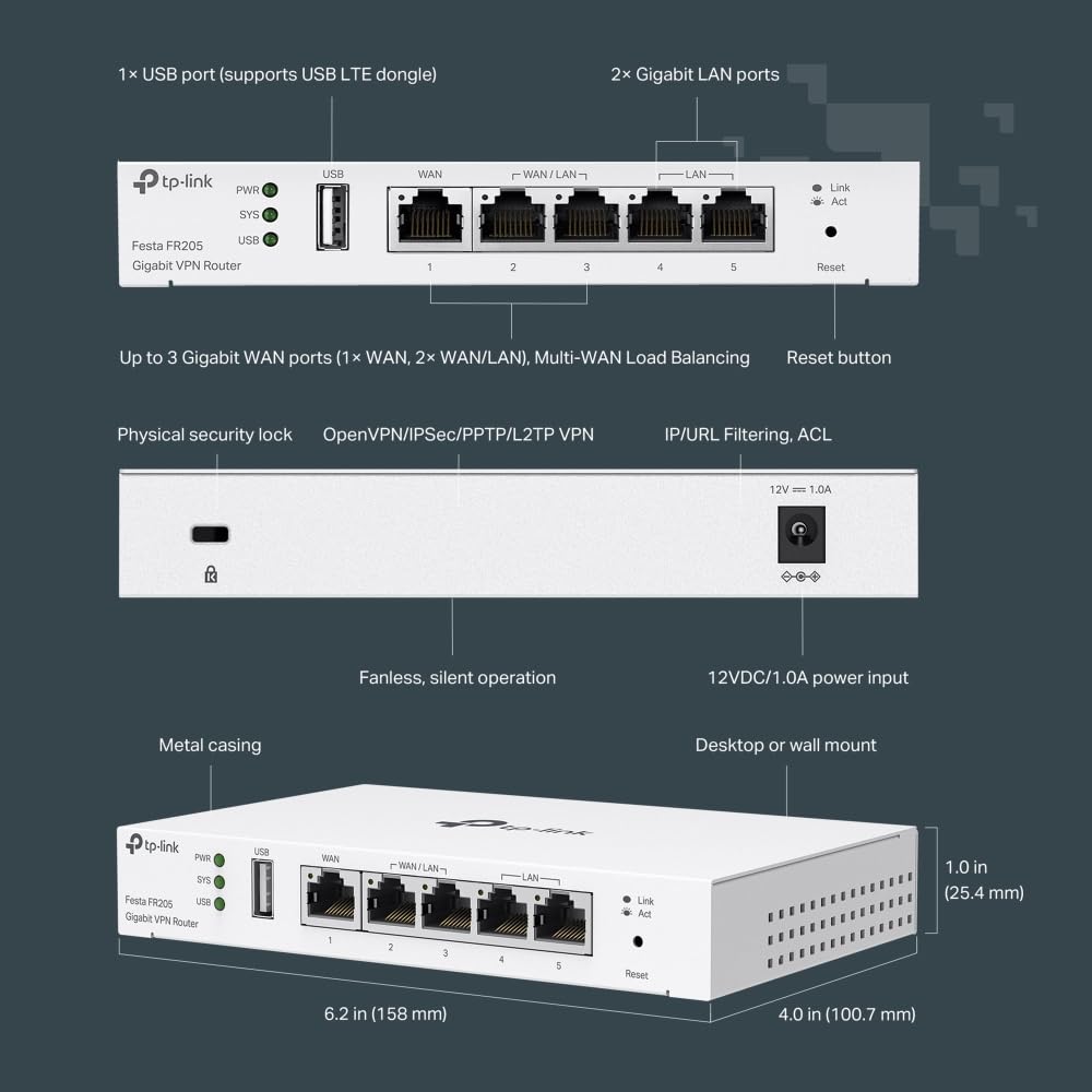 TP-Link Switch VPN Gateway, 5Porte Gigabit, 1USB WAN, ZTP, SON,Mesh, Gestione Centralizzata del Cloud, App/Web, Festa FR205