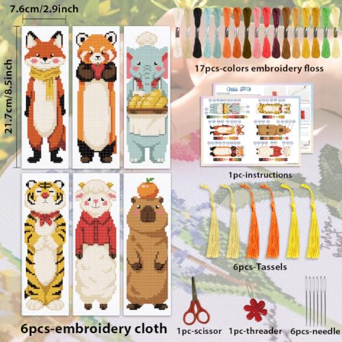 Image of ACRNIGHEET 6PCS Cross Stitch Bookmark Kit for Beginner Stamped Cross Stitch Kits for Adults Cute Animals DIY Tassel Embroidery Bookmark Kits Needlepoint Kit with Instructions Craft Gift 8.5''x3'' 11CT