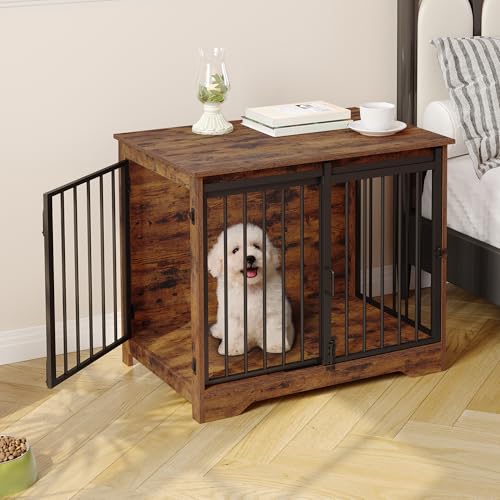 Hzuaneri Hundekäfig Möbel, 81cm hundebox für zuhause, Schiebetüren, 2 Türen, Moderne hundebox Holz Indoor für kleine/mittlere Hunde, Hundekäfig für Zuhause, 81 x 55 x 67,5cm, Vintagebraun DFC83601B