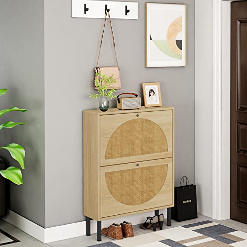 Goujxcy Natural Rattan Shoe Cabinet With 2 Flip Drawers, Modern 2-Tier Shoe Rack Storage Cabinet For Heels, Boots, Slippers, Free Standing Shoe Rack For Living Room Entrance Hallway (Brown-2 Door) #TOP3