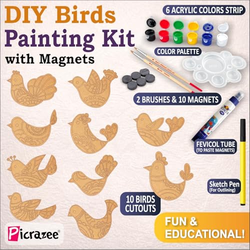 Image of PICRAZEE DIY Kit for Kids & Adults - Bird Fridge Magnet Painting Kit (10 Designs) | Ready-to-Paint 5.5 mm Thick Wooden DIY Craft Kit with Colors, Brushes & Magnets | Screen-Free Activity (Birds)