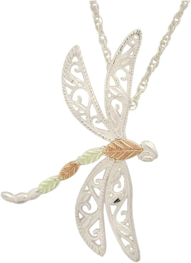 Filigree Dragonfly Pendant Necklace, Sterling Silver, 12k Rose and Green Black Hills Gold 18 Inches