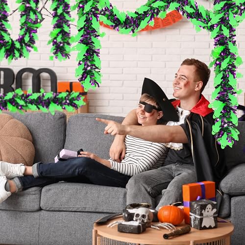 Image of 50 FT Halloween Tinsel Garland, Thick Glitter Tinsel Garland Hanging Streamers Green Ghost Metallic Holiday Tinsel Hanging Oranment for Halloween Party Supplies Indoor Outdoor Decoration