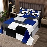 Manfei Royal Blue Geometric Bedspread Queen Size, Black White Grey Square Coverlet Set 3pcs for Girls Room Decor, Modern Abstract Quilted Coverlet with 2 Pillowcases, Soft Polyester Bedding Quilt