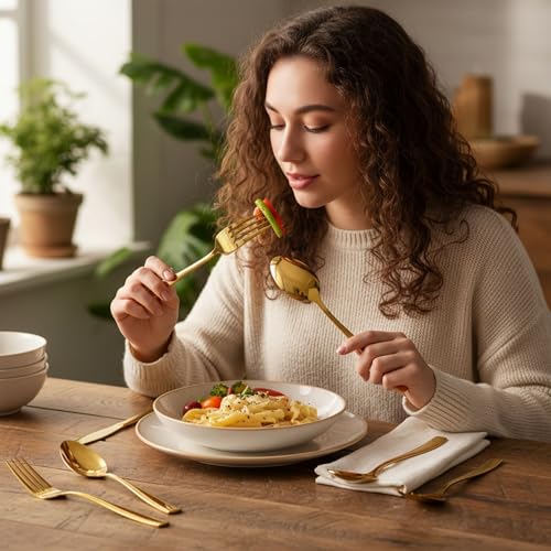 Image of 20 Pcs Gold Cutlery Set for Dining Table the Perfect Mirror Polish Hevy Duty Tableware Including Dinner Spoon, Dinner Fork, Dinner Knife, Dessert Spoon & Dessert Fork