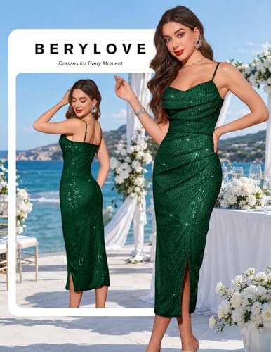 Image of BeryLove Summer Sequin Cocktail Prom Wedding Guest Dresses Sparkly Party Evening Formal Spaghetti Strap Dress