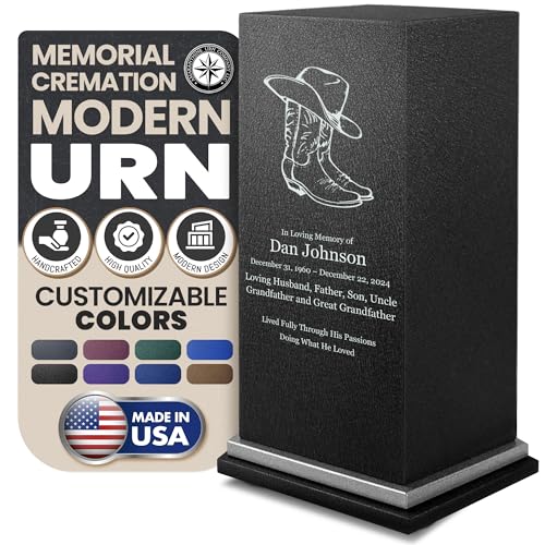 Amaranthine Urn Decorative Cremation Urn for Human Ashes - Customizable Text, Color & Base, Metal Funeral Urns for Adult Men & Women, Burial Memorial Keepsake, Made in USA - Cowboy Boots with Base