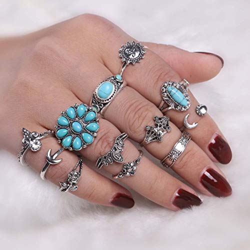 Yean Boho Turquoise Ring Set Silver Statement Rings Joint Knuckle Ring Set Midi Finger Stacking Rings for Women and Girls Pack of 12