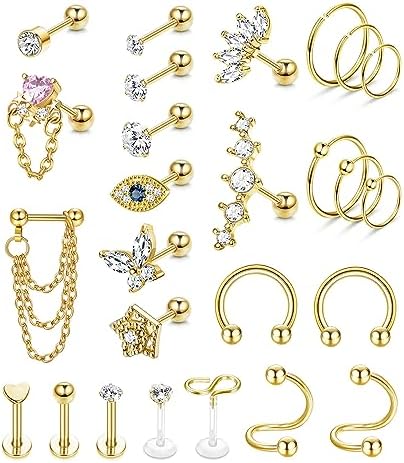 YADOCA Hypoallergenic Conch Piercing Jewelry 16G Helix Tragus Daith Piercing Jewelry Conch Earring Cartilage Earrings for Women Men CZ Stud Hoop Earring 316L Stainless Steel 26 Pcs
