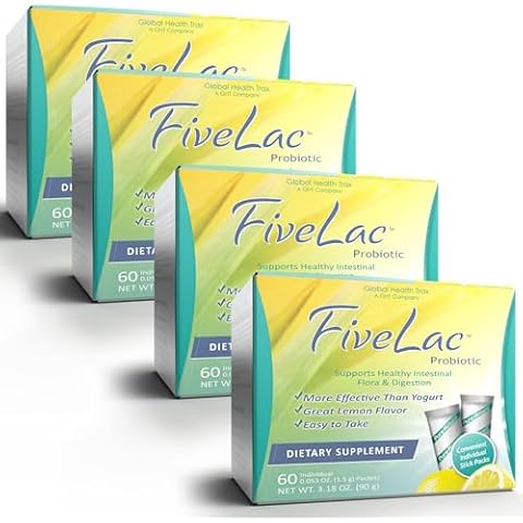 GHT - FiveLac Lemon Probiotic Powder Drink Mix, Probiotics for Women, Men, and Kids - Smooth Digestive Support and Elimination – Relieves Occasional Constipation and Gas - 60 Packets (4 Pack) Non-GMO Cover