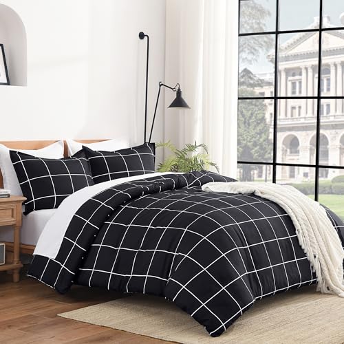 Image of Andency Black Full Size Comforter Set, 3 Pieces Plaid Grid Bedding Comforter Set for Boys Kids, All Season Soft Lightweight Polyester Gingham Geometric Bed Set