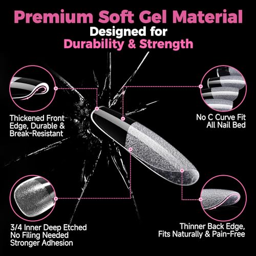 Image of UNA GELLA Gel Nail Tips Square & Squoval Short, 504pcs Short Round Square Nail Tips Pre Etched Squoval Soft Gel Clear Fake Nails Full Cover For Nails Extension Home DIY Salon 12 Sizes