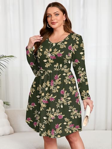Image of AusLook Women's Plus Size Long Sleeve Midi Dress Casual Empire Waist Loose Flowy Dresses A-Line Boho Long Dress with Pockets