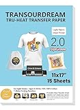 TransOurDream Iron on Heat Transfer Paper for Light T Shirts (15 Sheets, 11x17', Light 2.0) Printable HTV Heat Transfer Vinyl for Inkjet Printers Iron on Transfers for White Cotton Fabrics