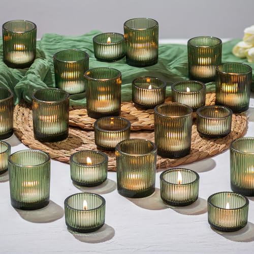 Glasseam Teelichtgläser Grün Teelichthalter Glas: 24er Set Teelichtglas Gerippt Teelicht Gläser für Tischdeko Klein Kerzengläser Votivkerzenhalter für Tisch Weihnachten Hochzeit Deko