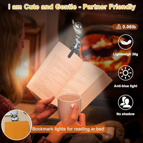 Image of MILA&LOUIS Rechargeable Book Lights for Reading at Night Portable Bookmark & Clip On USB Booklight for Readers in Bed Adjustable Brightness Small Cute LED Bedside Reading Lamp for Travel (Cat)