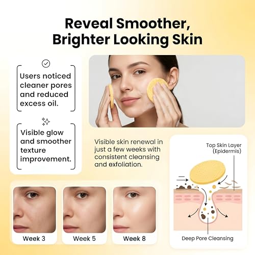 Image of Kojic Acid and Turmeric Cleansing Pads for Face - Foaming Exfoliating Pads with Vitamin C, Vitamin B5 & Chamomile - 60 pc Dark Spot Removal, Skin Brightening & Deep Pore Cleansing Pad (Pack of 1)