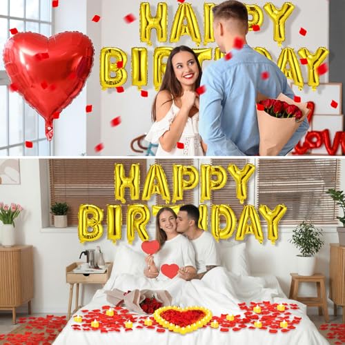 Image of Red and Gold Happy Birthday Balloons Decorations Happy Birthday Letter Balloons Banner Set 24pcs Heart Flameless LED Candles 2000pcs Artificial Rose Petals for Women Men Room Party Decor