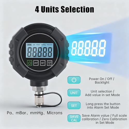Image of Lichamp Digital Vacuum Gauge 0-75000 Microns, HVAC Micron Tester, 3-Way