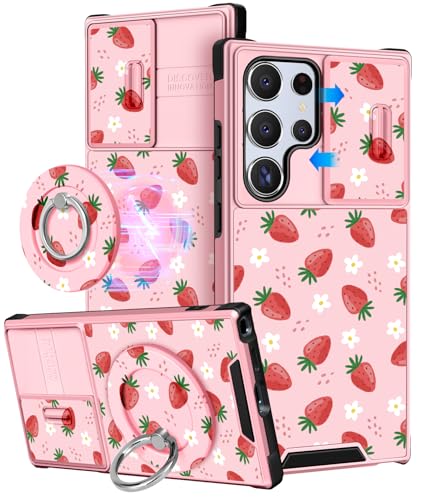 Buleens for Samsung Galaxy S22 Ultra Case 6.8 Inch - with Ring Stand & Camera Cover Aesthetic Cute Designed Women Girls Girly Kawaii Strawberry for Samsung S22 Ultra Case Compatible with Magsafe