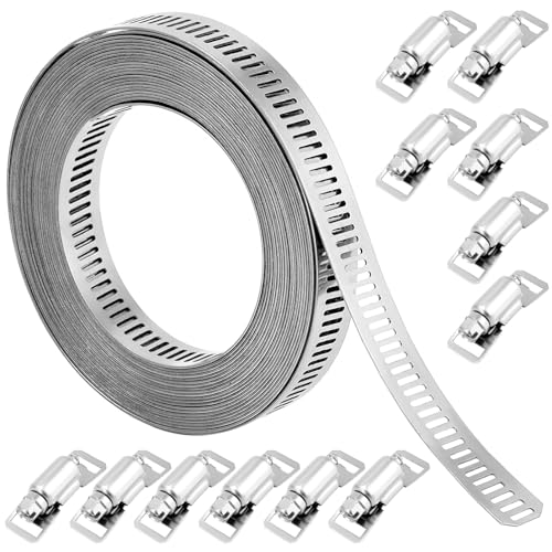 QWORK® abrazaderas metalicas de acero inoxidable 304, abrazaderas de mangueras de 5 m con 12 sujetadores para tubos y líneas de combustible, tuberías, conductos de aire