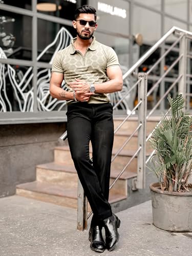 Image of Maniac || Mens || Solid Textured || Half Zip || Polo Neck || Half Sleeve || Cotton || T-Shirt