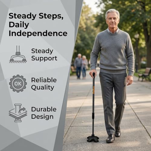 Image of DOLTAS Walking Stick with Self Standing Base | Adjustable Height Lightweight| Ergonomic Grip Walking Cane for Men & Women | Stable Base Leg Support Stick for Elderly, Patients & Disabled.