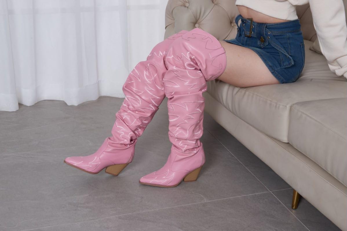 Women's Cowgirl-12 Western Fashion Cowboy Boots for Women Over the Knee Slouchy Chunky Block Heel Cowgirl Boots - Image 3