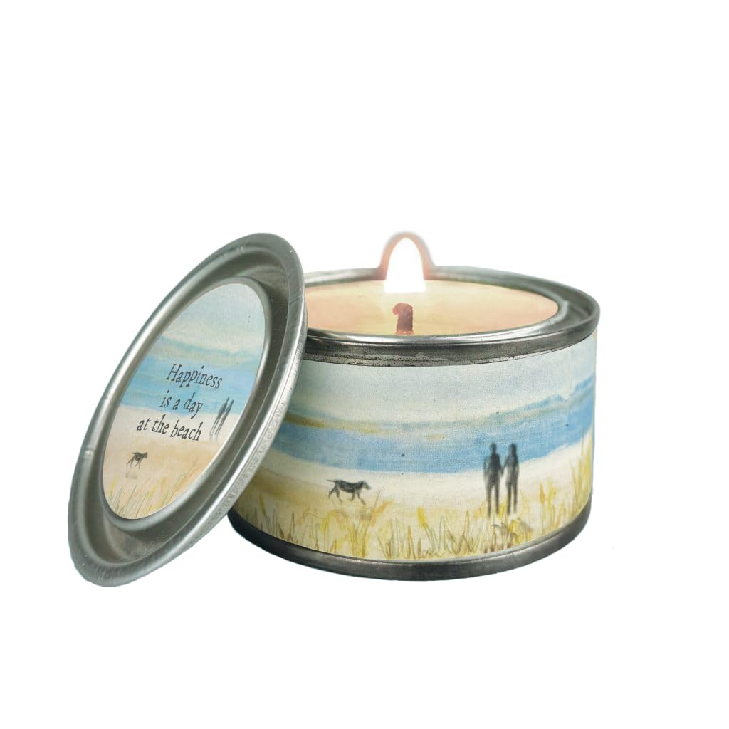 East of India Seascape Candle in a Tin with a Sentiment Wording Gift 89ml (Happiness is a Day at The Beach)