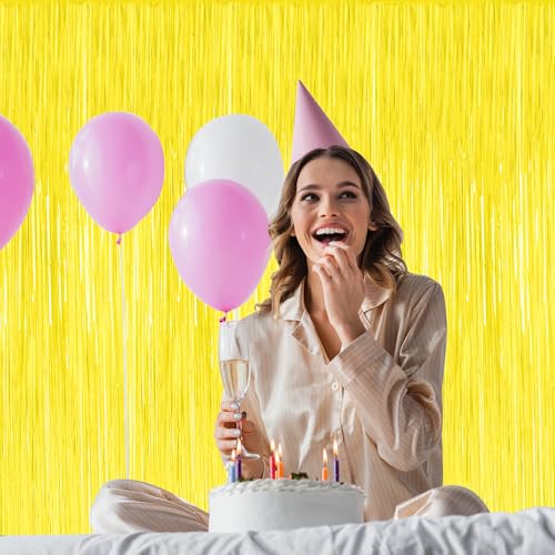 Image of ZATAYE 2 Pack Yellow Foil Curtain Streamer Decorations | Yellow, Metallic Foil, 3.28 x 7.05 FT, Tinsel Backdrop, Foil Curtain Streamer, Party Decor, Photo Booth Door Wall Decor