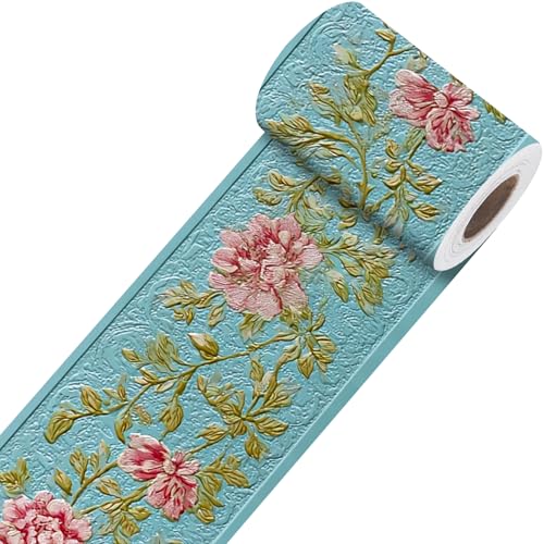 Image of Nuxovilar Light Blue Embossed Floral Border PVC 3.94x16.4'