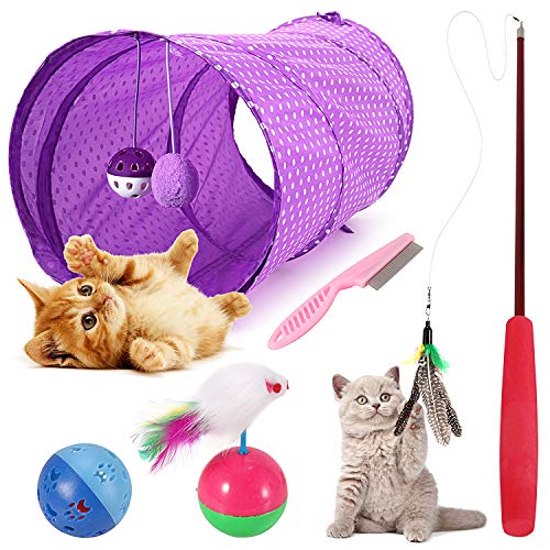 Emooqi Kattenspeelgoed, interactief kattenspeelgoed, veer, 5 stuks, kattenspeelgoed met kattentunnel, Jingle Bell, speelgoed, kattenaccessoires, verschillende speelgoed, kattenspeelgoed voor katten