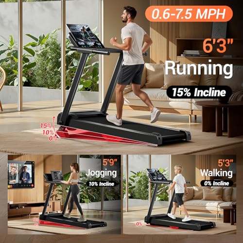 Image of LONTEK Treadmills for Home with 15% Incline & Led Screen, 7-Layer Shock-Absorbing Foldable Treadmill with Handle Bar Up to 400lbs Capacity, 3.0HP Quiet Walking Pad Treadmill 0.6-7.5MPH