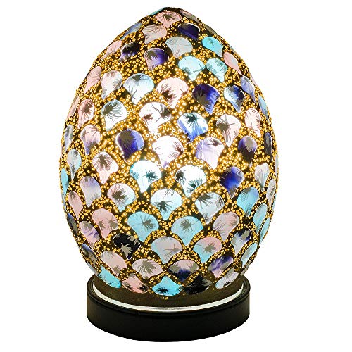 Britalia LED Blue & Pink Mosaic Glass Vintage Egg Table Lamp 20cm | 470 Lumen Warm White LED Lamp Included | Desk Light