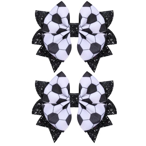 Soccer Cheer Bows Hair Clips 2pc 3.5 Glitter Black & White Football Sport Ribbon Bows for Soccer Team Moms Gifts Player Game Day Cheerleading Accessories Birthday Party Favors