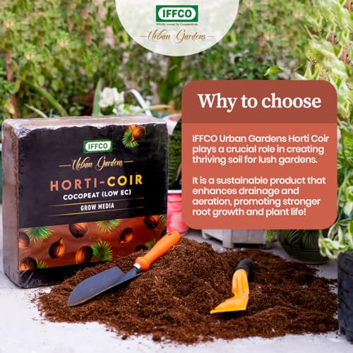 Image of IFFCO Urban Gardens - Cocopeat Expand 5kg Upto 75 litres - Low EC Cocopeat Block for Plants & Home Garden - Export Quality Natural Coconut Coir Fibre with Neutral pH.