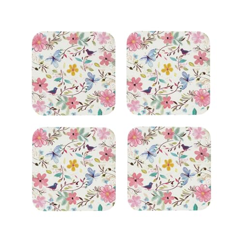 Sottobicchieri quadrati con stampa di farfalle e uccelli, fantasia e motivi floreali romantici, 4 pezzi, per bere, sottobicchieri in pelle per la protezione del tavolo e della decorazione della casa
