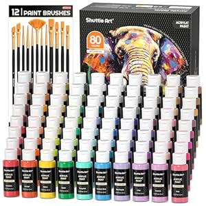 80 Colors Acrylic Paint, Shuttle Art Acrylic Paint set with 12 Paint Brushes, 2oz/60ml Bottles, Rich Pigmented, Water Proof, Premium Paints for Artists, Beginners and Kids on Canvas Rocks Wood Ceramic